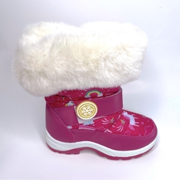 𝅺NEW Adorababy Pink Unicorn Faux Fur Snowflake Strap Boots US 9 Toddler - Picture 3 of 6